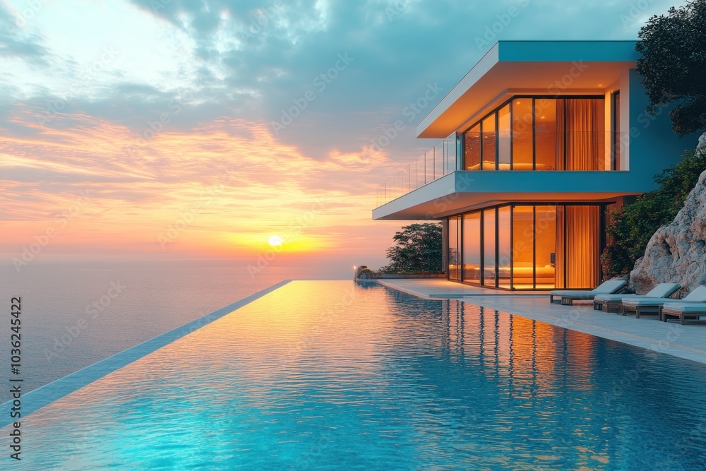 Fototapeta premium Modern Cliffside Home with Infinity Pool at Sunset