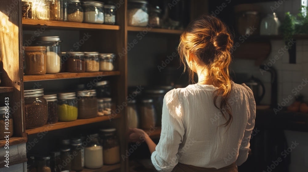 A woman examines jars of ingredients in a cozy kitchen pantry. A woman examines jars of ingredients in a cozy kitchen pantry.