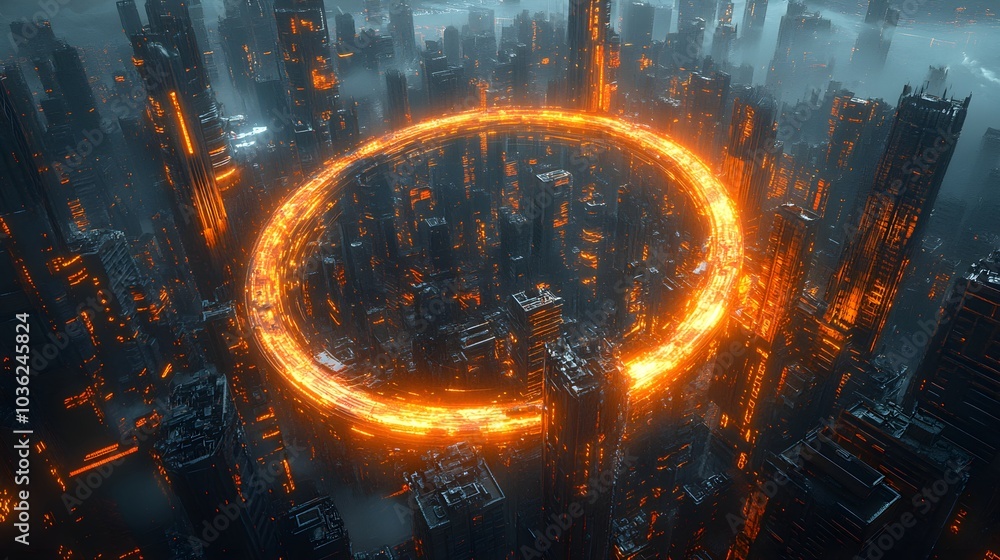 A ring of high-tech hovercrafts competing on a circular track above a futuristic metropolis, the platform glowing with neon energy, intense speed and excitement A ring of high-tech hovercrafts competing on a circular track above a futuristic metropolis, the platform glowing with neon energy, intense speed and excitement
