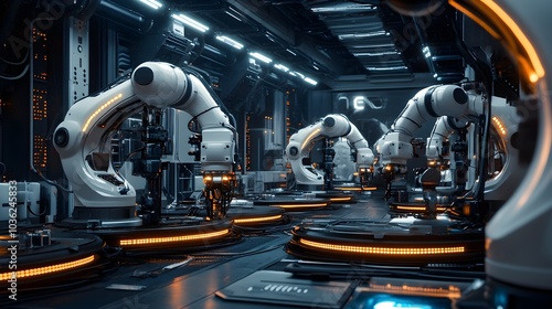 A ring of industrial robots, recharging at a docking station with glowing cables, the futuristic warehouse dimly lit, robots silently waiting for their commands