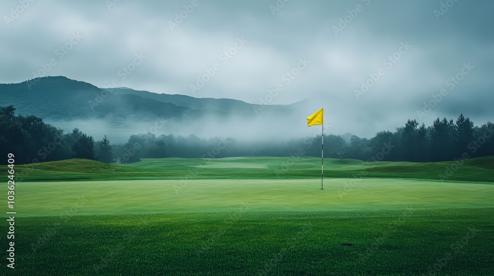 Fog sweeps across a quiet golf course, with a vibrant yellow flag marking its place among the emerald green grass under the ominous grey sky Fog sweeps across a quiet golf course, with a vibrant yellow flag marking its place among the emerald green grass under the ominous grey sky