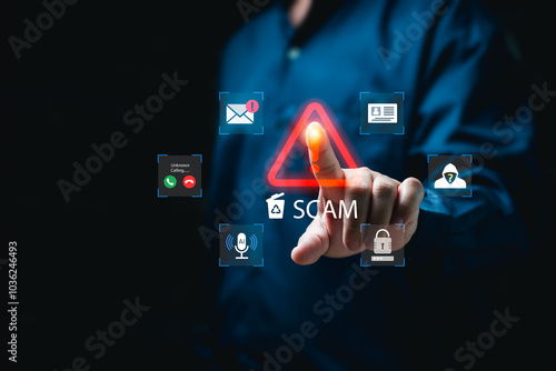 Scam Protection concept, Hacker, Fraudulent online, Scammers, Businessmen delete scams to prevent Theft, reduce risk, Personal Data, AI calls, Email, credit card, Personal ID, SMS Fake, Internet link photo