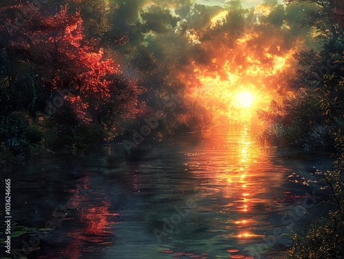 Golden Sunset Over a Tranquil River in a Dreamlike Forest