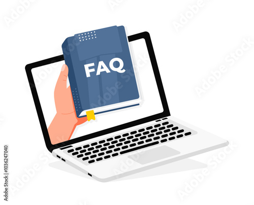 Hand holding faq book coming out of laptop screen