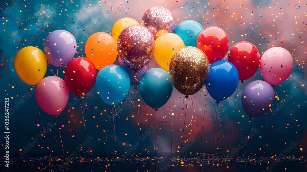 Title: Festive celebration with colorful balloons, glitter, and confetti against twinkling lights background
Title: Festive celebration with colorful balloons, glitter, and confetti against twinkling lights background