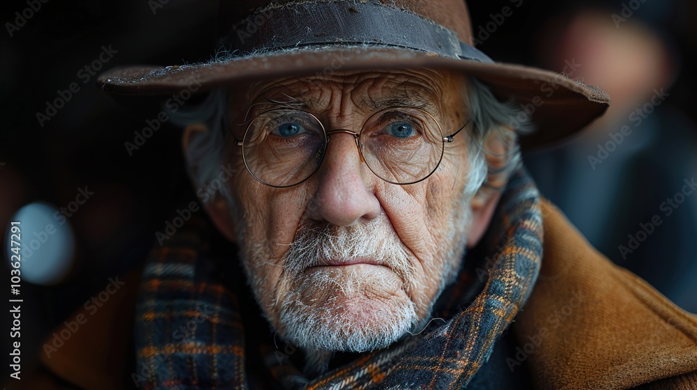 Close Up Portrait of an Elderly Man with Glasses and a Hat Close Up Portrait of an Elderly Man with Glasses and a Hat