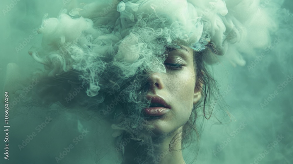 A young woman with her head in a foggy cloud. The Concept of Depression, Addiction, Dope, Loneliness and Mental Health A young woman with her head in a foggy cloud. The Concept of Depression, Addiction, Dope, Loneliness and Mental Health
