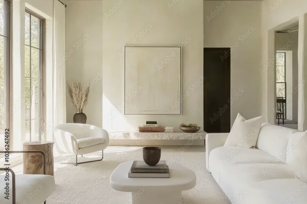 Modern Minimalist Living Room with White Furniture and Abstract Artwork Modern Minimalist Living Room with White Furniture and Abstract Artwork