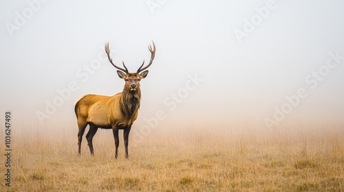 Majestic Elk in Foggy Meadow Landscape