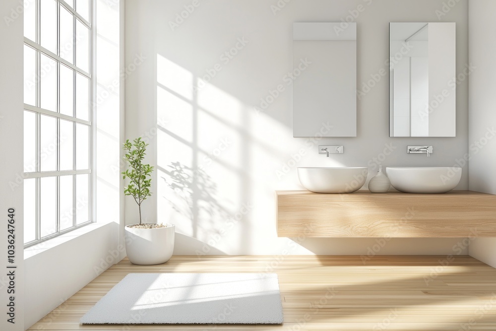Fototapeta premium Minimalist Bathroom Interior with Wooden Vanity and White Sinks