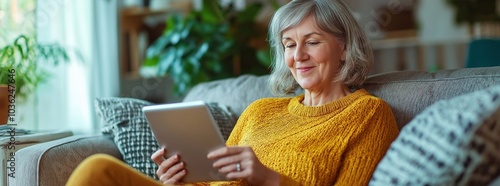 Smiling relaxed middle aged woman looking away holding tab relaxing on sofa at home. Happy mature lady using digital tablet sitting on couch in modern living room. photo