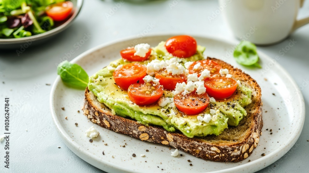 A fresh avocado toast with smashed avocado, cherry tomatoes, and a sprinkle of feta cheese A fresh avocado toast with smashed avocado, cherry tomatoes, and a sprinkle of feta cheese