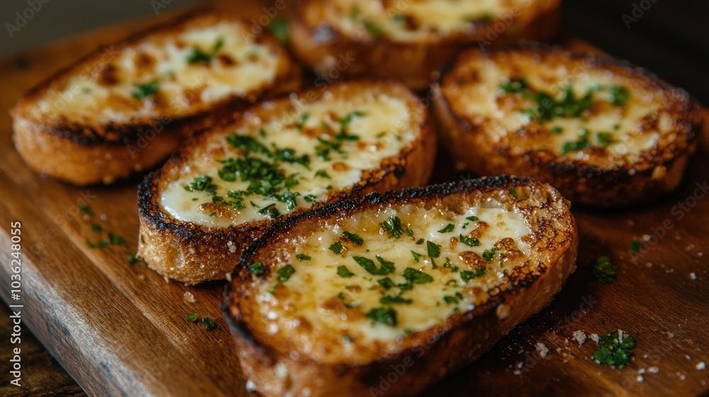 Delicious Toast with Cheese and Herbs on a Wooden Board Delicious Toast with Cheese and Herbs on a Wooden Board