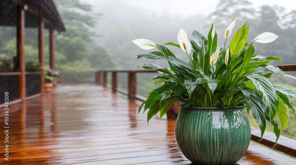 Fototapeta premium Serene Rainy Day with Potted Plant on Wooden Deck