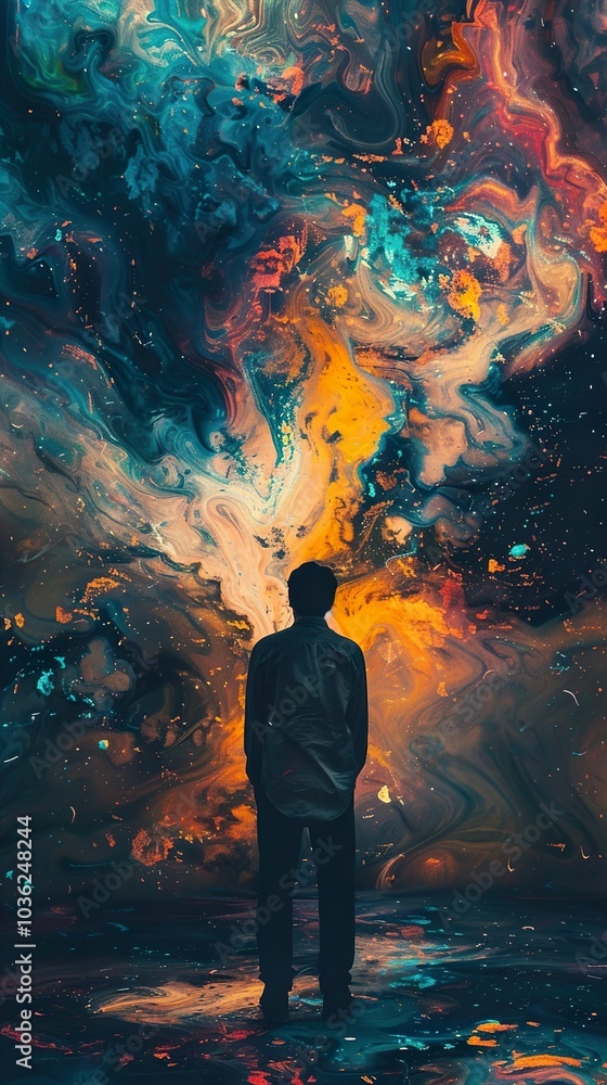 Fototapeta premium Abstract Cosmic Art: A Silhouette Gazing at the Stars