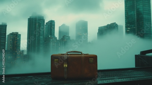 Vintage Briefcase Against Urban Foggy Skyline photo