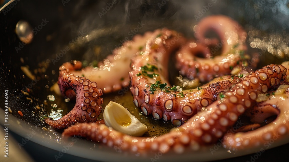 Octopus Cooking in Pan with Herbs and Spices Octopus Cooking in Pan with Herbs and Spices