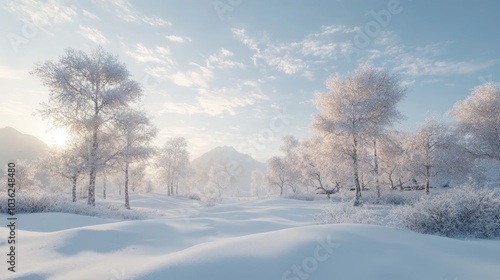 Capture a stunningly realistic image of the first winter landscape, with snow gently blanketing the ground, frost-kissed trees, and soft light illuminating the peaceful, untouched beauty of the season