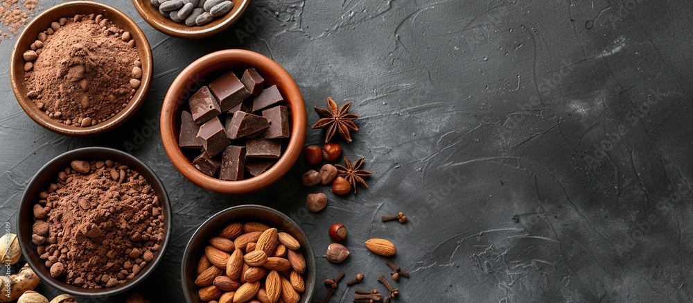 Chocolate pieces on a gray background, cocoa powder and assorted nuts and spices, top view. Advertising concept for confectionery and grocery store, copy room, mockup for recipe Chocolate pieces on a gray background, cocoa powder and assorted nuts and spices, top view. Advertising concept for confectionery and grocery store, copy room, mockup for recipe