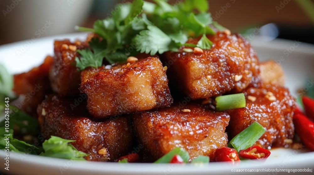 Crispy Fried Tofu with Green Herbs and Chili Garnish Crispy Fried Tofu with Green Herbs and Chili Garnish