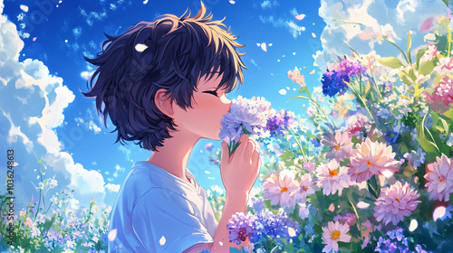 Handsome anime boy kissing flowers in flower garden background