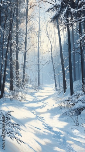 Capture a stunningly realistic image of the first winter landscape, with snow gently blanketing the ground, frost-kissed trees, and soft light illuminating the peaceful, untouched beauty of the season