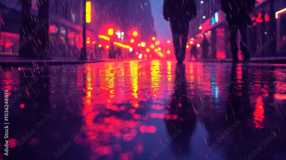 Dramatic urban night scene, neon reflections in a rain-soaked street, silhouetted figures in the distance, dynamic lighting and deep shadows Dramatic urban night scene, neon reflections in a rain-soaked street, silhouetted figures in the distance, dynamic lighting and deep shadows