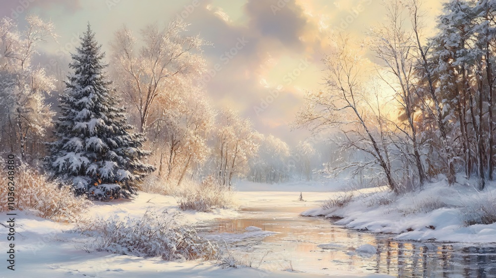 Capture a stunningly realistic image of the first winter landscape, with snow gently blanketing the ground, frost-kissed trees, and soft light illuminating the peaceful, untouched beauty of the season Capture a stunningly realistic image of the first winter landscape, with snow gently blanketing the ground, frost-kissed trees, and soft light illuminating the peaceful, untouched beauty of the season