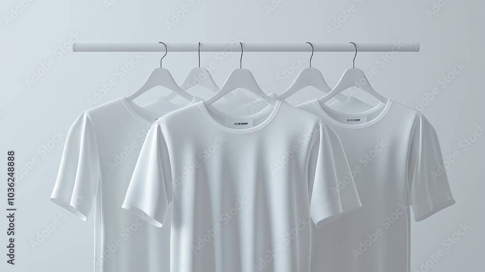 Blank white t-shirts hanging on hangers, 3d render, mockup Blank white t-shirts hanging on hangers, 3d render, mockup