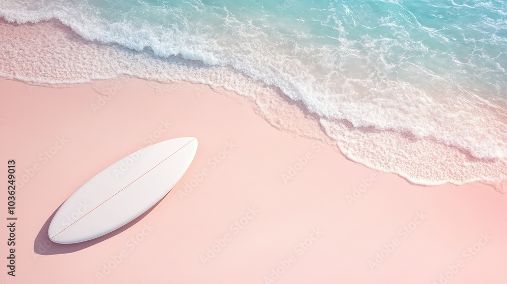 Fototapeta premium Dreamy pink vacation beach, surfboard laying on pastel sands, island scenery, realistic 3D, perfect for product mock-up, clean and minimal