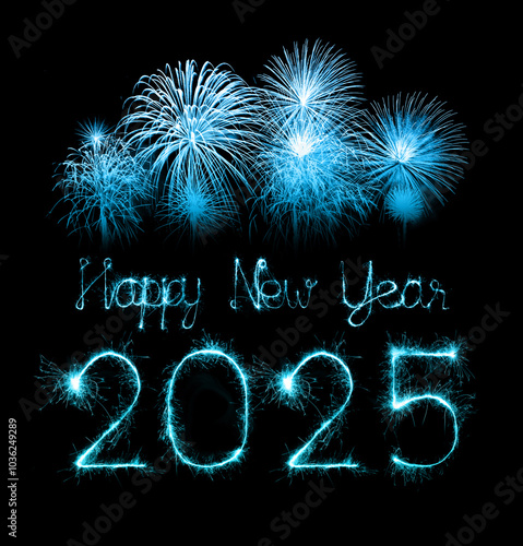 2025 happy new year fireworks celebration written sparkling at night