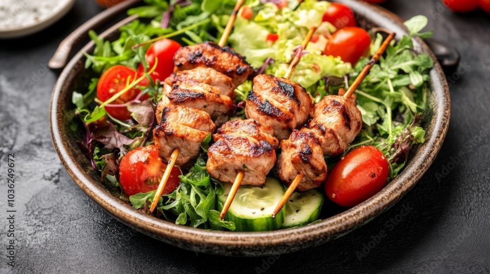 Grilled Skewers Over Fresh Salad with Vegetables Grilled Skewers Over Fresh Salad with Vegetables