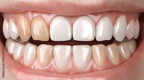 Step-by-step teeth whitening infographic with visual transformation, featuring stained teeth before and a gleaming white smile after the procedure, with each stage clearly illustrated