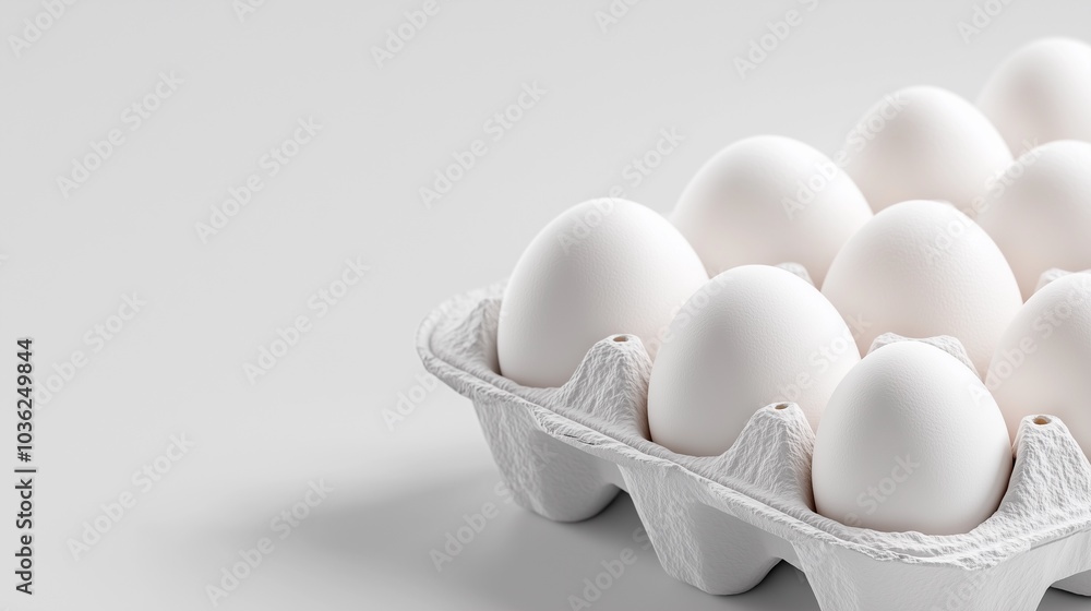 A clean carton holds fresh white eggs, arranged neatly, showcasing their smooth surfaces against a light background. A clean carton holds fresh white eggs, arranged neatly, showcasing their smooth surfaces against a light background.