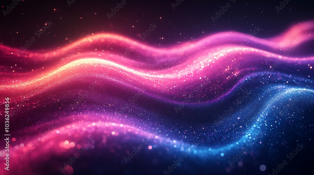 Abstract background with glowing, wavy lines of pink, red, and blue light with a dark background. Abstract background with glowing, wavy lines of pink, red, and blue light with a dark background.
