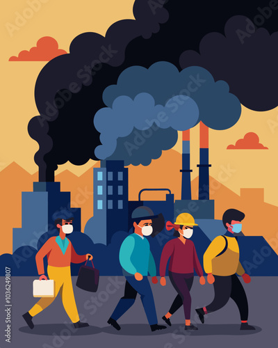 As a factory spews out thick black smoke workers hurry by with masks on trying to minimize the effects of the pollution on their health.. Vector illustration