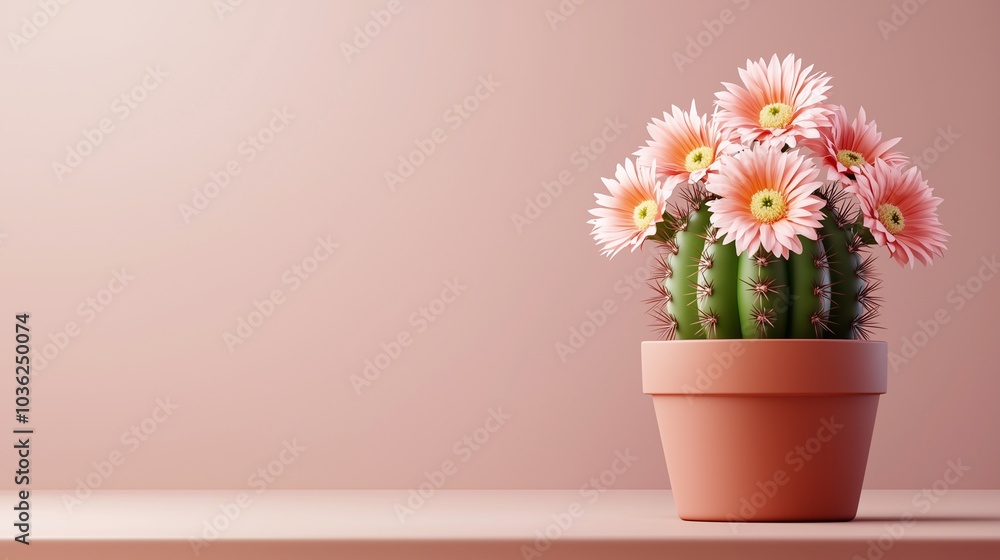 A vibrant cactus adorned with pink flowers sits in a terracotta pot against a soft, pastel background, adding a touch of nature to any space. A vibrant cactus adorned with pink flowers sits in a terracotta pot against a soft, pastel background, adding a touch of nature to any space.