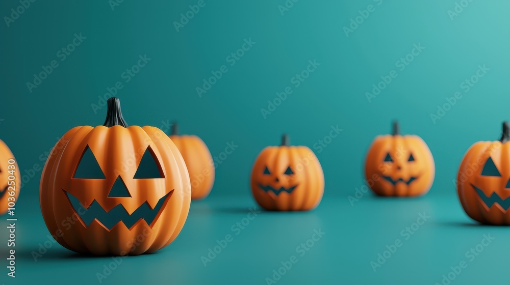 A vibrant display of carved jack-o'-lanterns set against a teal background, showcasing a festive Halloween atmosphere. A vibrant display of carved jack-o'-lanterns set against a teal background, showcasing a festive Halloween atmosphere.