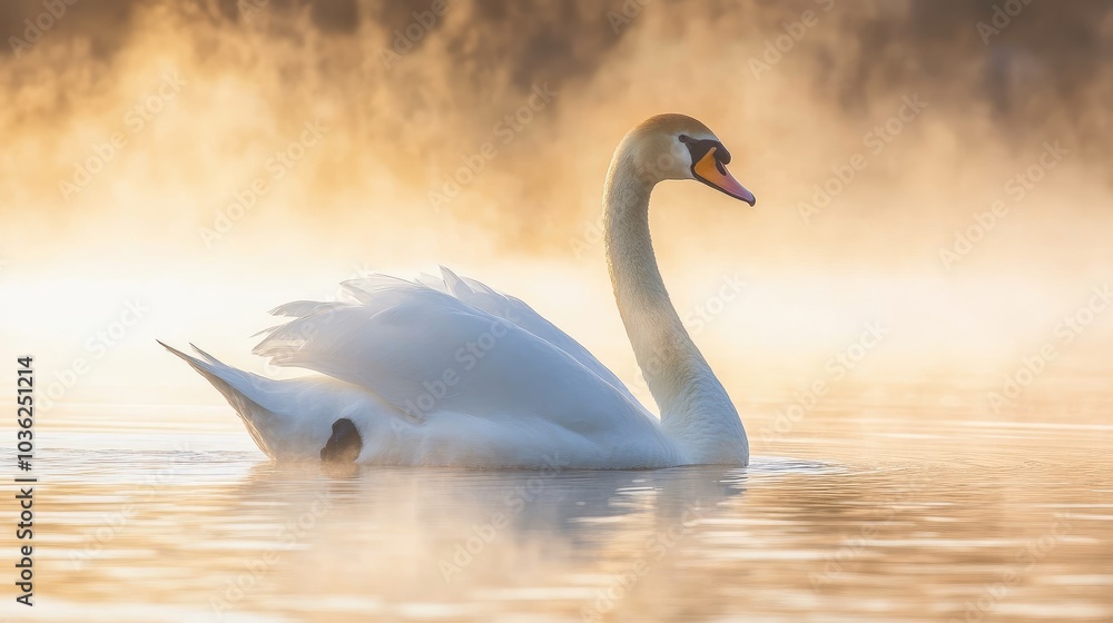 Fototapeta premium Elegant Swan Gliding on Misty Water at Sunrise