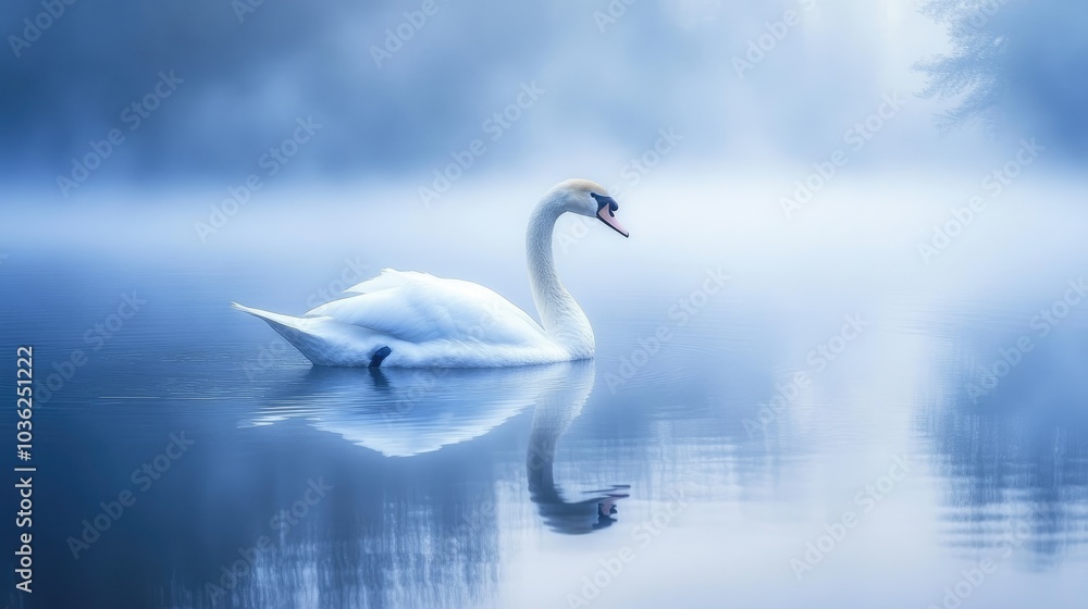 Graceful Swan in Misty Morning Reflection Graceful Swan in Misty Morning Reflection