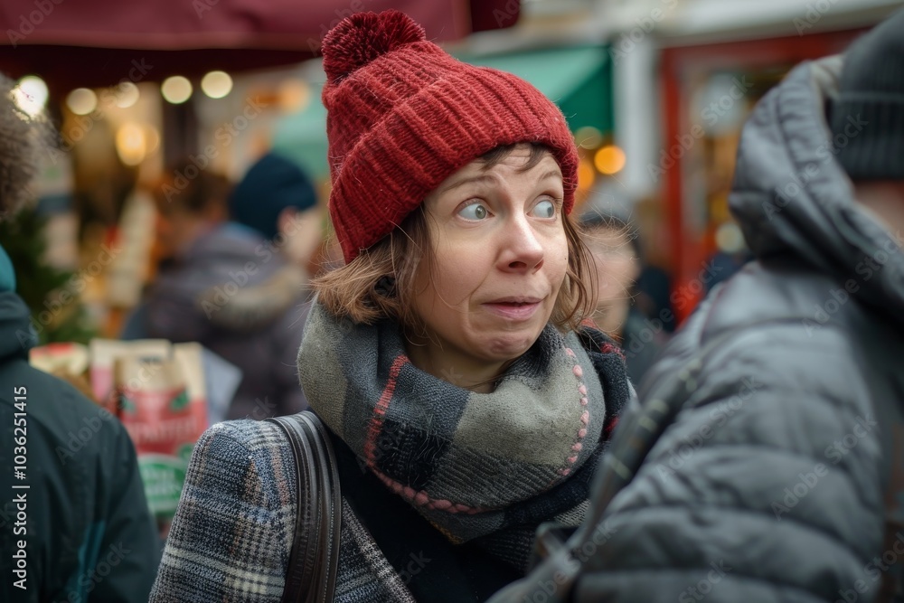 Young woman in a red hat and scarf on a Christmas market. Young woman in a red hat and scarf on a Christmas market.