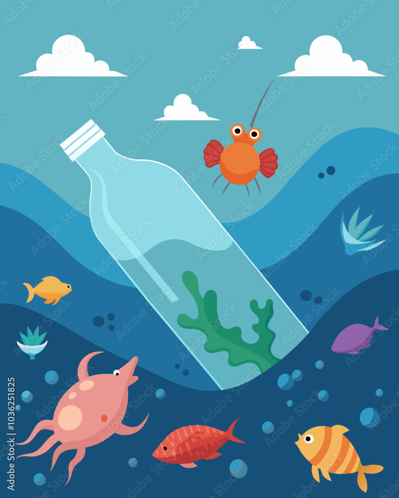 As a plastic bottle sinks to the ocean floor it creates a deadly for small crustaceans and other bottomdwelling creatures.. Vector illustration As a plastic bottle sinks to the ocean floor it creates a deadly for small crustaceans and other bottomdwelling creatures.. Vector illustration