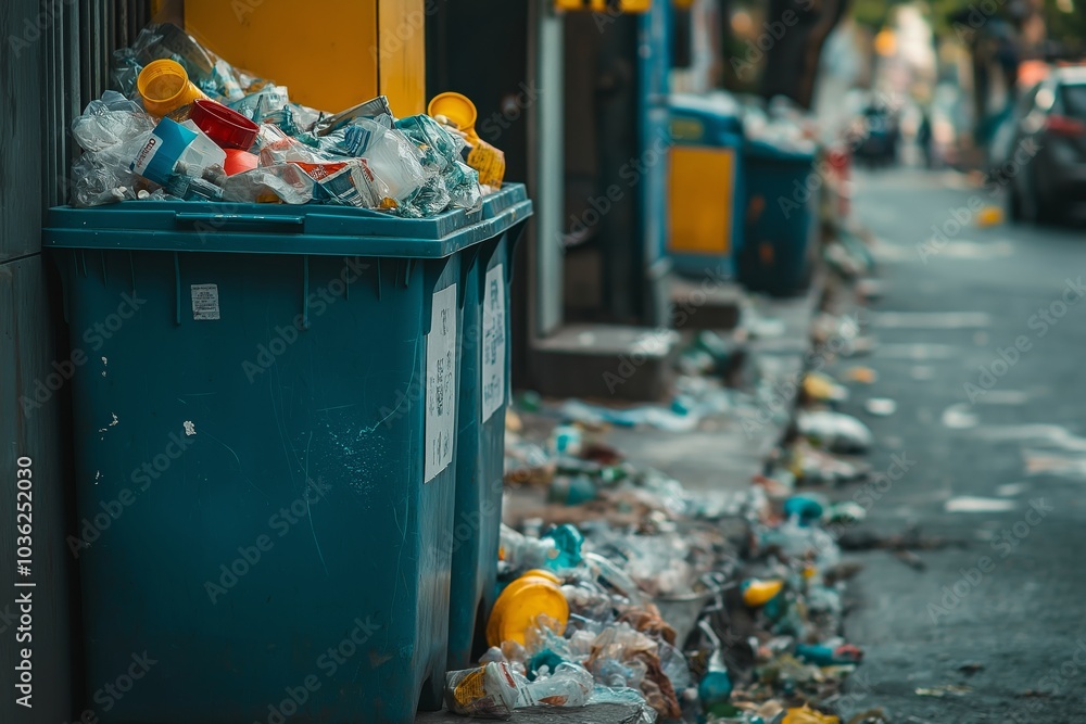 Garbage in a trash can on the street. Environmental pollution. Garbage in a trash can on the street. Environmental pollution.