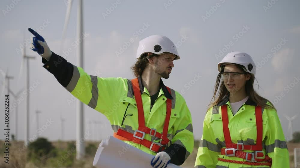 Renewable energy engineers working on wind turbine projects. Technician worker working outdoors at windmill farm. Environmental engineers research environment friendly alternative ecology energy. Renewable energy engineers working on wind turbine projects. Technician worker working outdoors at windmill farm. Environmental engineers research environment friendly alternative ecology energy.