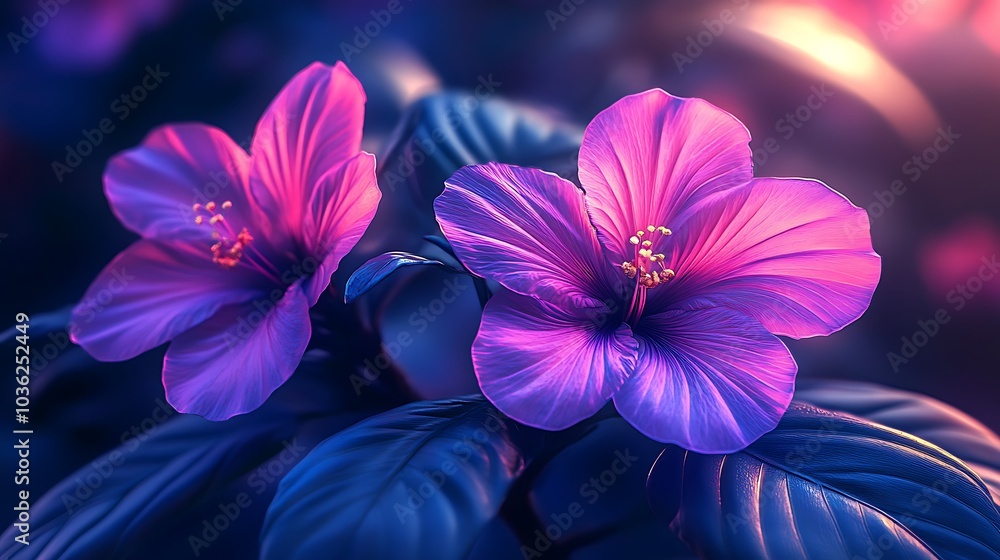 Glowing pink lotus flowers on a black background in an illustration Glowing pink lotus flowers on a black background in an illustration