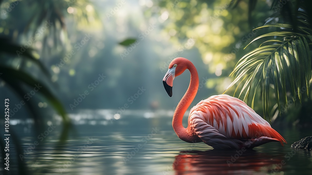 Fototapeta premium Pink and white flamingo in a tranquil pond framed by trees and greenery