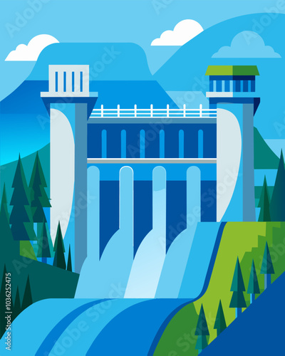 An overflowing reservoir behind a hydroelectric dam serves as a symbol of the excess energy being produced by the power plant it supplies.. Vector illustration