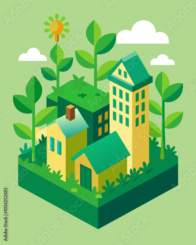 Green rooftops filled with plants and vegetation providing insulation for buildings and reducing carbon dioxide in the air.. Vector illustration
