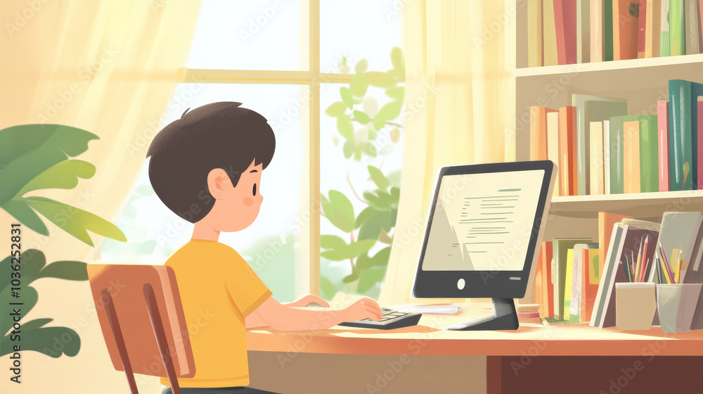 The little boy sitting in front of the computer doing homework The little boy sitting in front of the computer doing homework