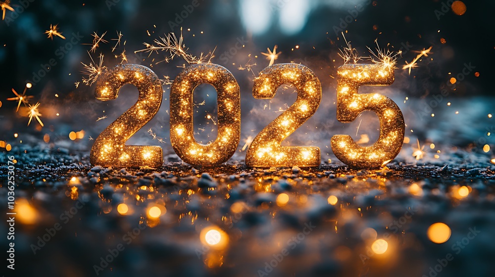 The numbers 2025 are made of glowing lights, with a sparkler effect. The background is a blurry bokeh of warm and cool colors. The numbers 2025 are made of glowing lights, with a sparkler effect. The background is a blurry bokeh of warm and cool colors.